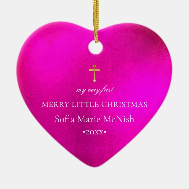 Décoration En Céramique PixDezines premier Noël de bébé, rose chaud (Devant)