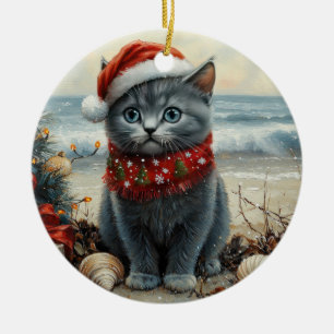 Décoration En Céramique Plage Vintage de Noël de chat bleu russe