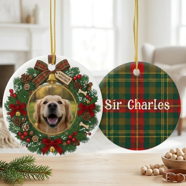 Décoration En Céramique Plaid Christmas Wreath Festive Graphic (Pet photo christmas photo ornament)