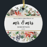 Décoration En Céramique Poinsettia Greens Premier Noël en tant que M. et M<br><div class="desc">Cet ornement de Noël élégant et personnalisable présente un bel arrangement thématique de vacances avec poinsettia,  fleurs blanches et verdure,  avec l'option d'ajouter une photo sur le dos. Pour effectuer des modifications avancées,  sélectionnez l'option "Cliquez pour customiser plus loin" sous Personnaliser ce modèle.</div>