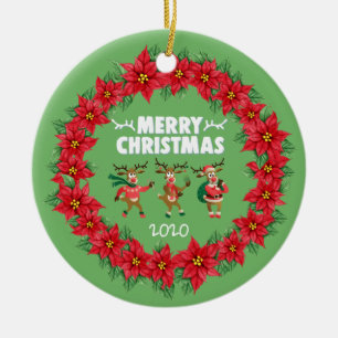 Décoration En Céramique Poinsettia Wreath Dancing Reindeer Joyeux Noël