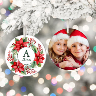 Décoration En Céramique Poinsettia Wreath Photo Monogramme Année
