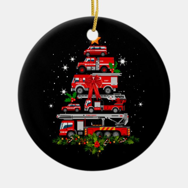 Décoration En Céramique Pompier Camion feu Noël Lumières Arbre Père Noël (Devant)