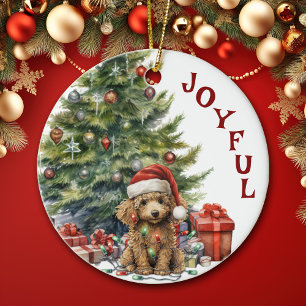 Décoration En Céramique Poodle Caniche Abricot dans des lumières de Noël
