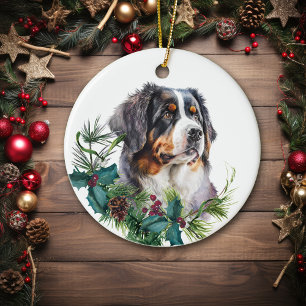 Décoration En Céramique Portrait de chien de montagne bernois Holly Wreath