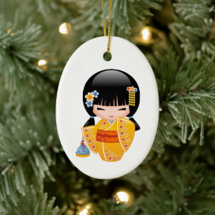 Décoration En Céramique Poupée Kokeshi d'été - Fille au kimono jaune
