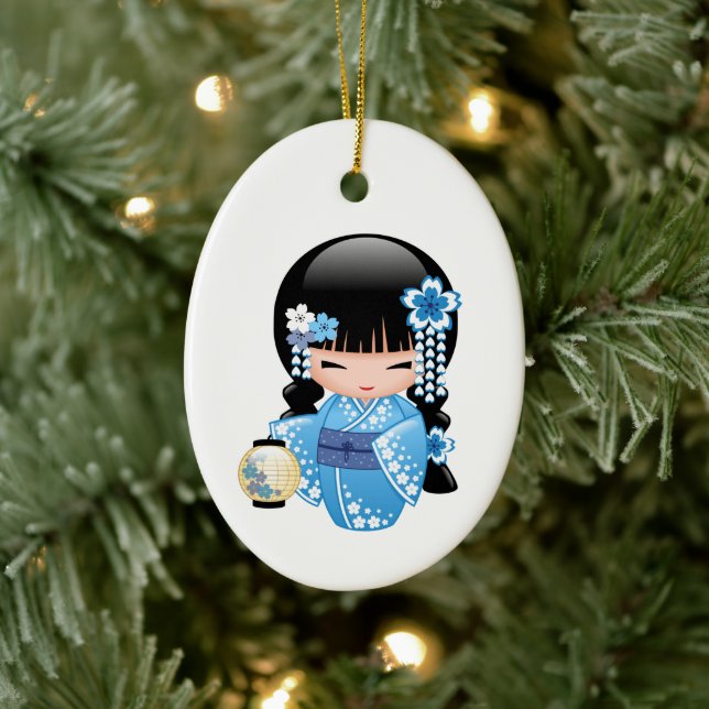 Décoration En Céramique Poupée Kokeshi d'hiver - Blue Kimono Geisha Girl (Arbre)