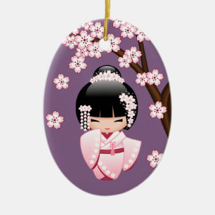 Décoration En Céramique Poupée Kokeshi en kimono blanc Mignonne Fille Geis