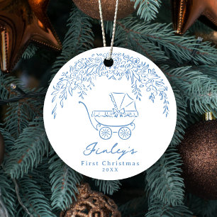 Décoration En Céramique Poussette Bleue Fantaisiste Premier Noël de Bébé