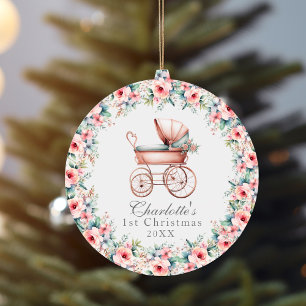 Décoration En Céramique Poussette Premier Noël Fleurs Roses Bébé Fille