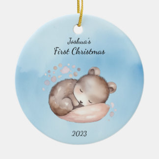 Décoration En Céramique Premier bébé de Noël Ours bleu Personnalisé