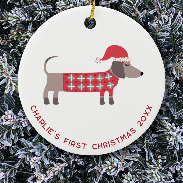 Décoration En Céramique Premier chien de Noël personnalisé (Dachshund dog personalized name first 1st Christmas ceramic ornament)