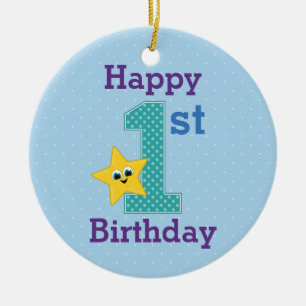 Décoration En Céramique Premier garçon d'anniversaire, bleu avec étoile ja
