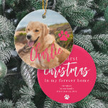 Décoration En Céramique Premier Noël à jamais le nom de la photo de chien<br><div class="desc">Téléchargez votre photo préférée (de préférence carré),  insérez votre texte,  et faites de ces modernes tendance ajouter votre nom de animal de compagnie rose script ornement arbre de Noël un cadeau de gardien pour vous rappeler votre premier Noël avec votre charmant chien!</div>
