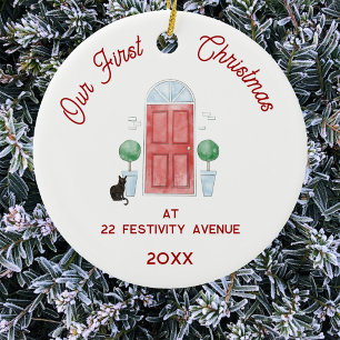 Décoration En Céramique Premier Noël à New Home Chat Aquarelle Porte