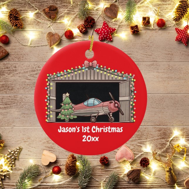 Décoration En Céramique Premier Noël Avion rouge arbre Hangar pilote garço (Créateur téléchargé)