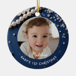 Décoration En Céramique Premier Noël Bébé Denim Diamants Perles Bleu