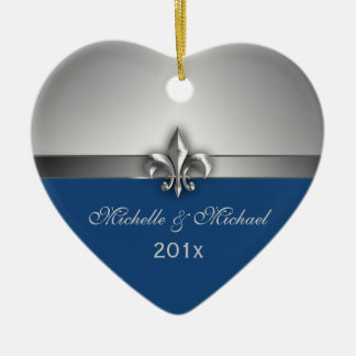 Décoration En Céramique Premier Noël bleu de Silver Fleur de Lis Couple