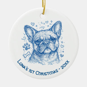 Décoration En Céramique Premier Noël Bulldog français bleu lineart doodle