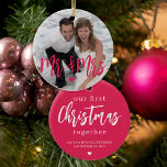 Décoration En Céramique Premier Noël comme M. & Mme script nom photo rose<br><div class="desc">Téléchargez votre photo de mariage préférée (de préférence carré),  insérez votre texte,  vos noms et votre date,  et faites de ces ornement moderne moderne de sapin rose un cadeau de souvenir pour vous rappeler de votre premier Noël ensemble en tant que M. et Mme!</div>