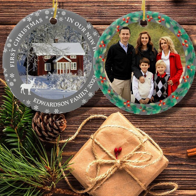 Décoration En Céramique Premier Noël dans notre nouvelle maison photo (First Christmas in our new home ornament. Add your own photos, text and year to personalize.)
