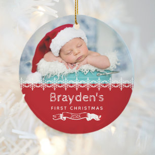Décoration En Céramique Premier Noël de bébé 2023 personnalisé photo rouge