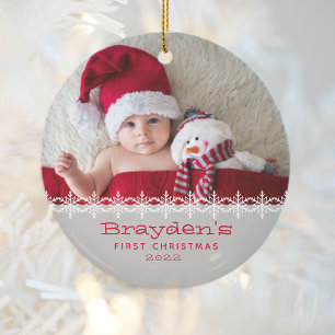 Décoration En Céramique Premier Noël de bébé 2023 Photo Rouge Gris