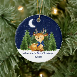 Décoration En Céramique Premier Noël de bébé aquarelle cerf bleu ruban