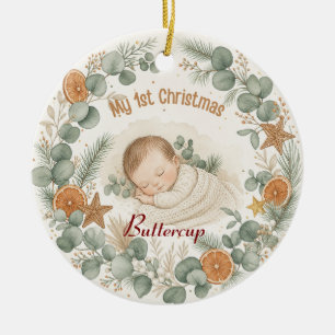 Décoration En Céramique Premier Noël de bébé Boho Sage Eucalyptus Endormi