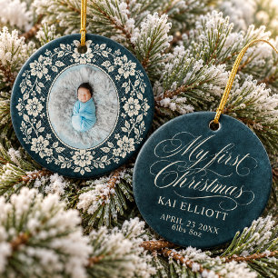 Décoration En Céramique Premier Noël de Bébé Crème Dentelle Bleu Nuit