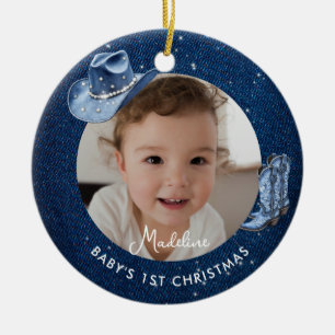 Décoration En Céramique Premier Noël de Bébé Denim Diamants Cowgirl Rustiq