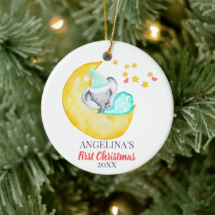Décoration En Céramique Premier Noël de bébé Éléphant mignon sur la Lune