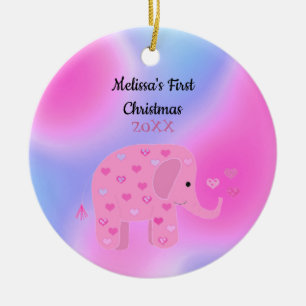 Décoration En Céramique Premier Noël de bébé éléphant rose et bleu