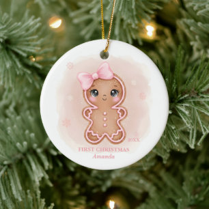 Décoration En Céramique Premier Noël de Bébé Fille Photo Gingerbread Rose