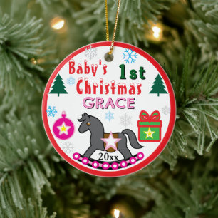 Décoration En Céramique Premier Noël de Bébé Fille PHOTO Rose Gris Cheval 