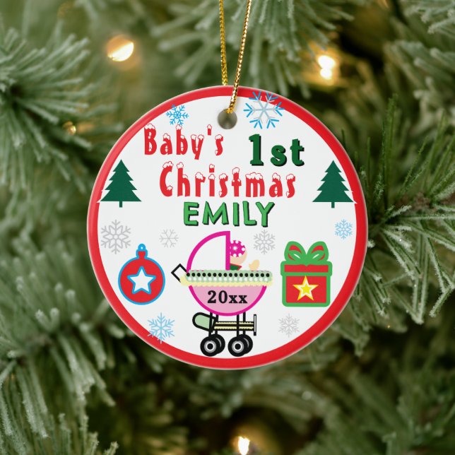 Décoration En Céramique Premier Noël de Bébé Fille Vert NOM (Arbre)