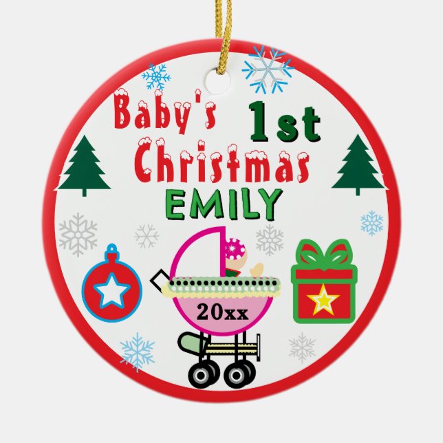 Décoration En Céramique Premier Noël de Bébé Fille Vert NOM (Devant)