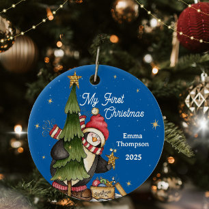 Décoration En Céramique Premier Noël de bébé Fond Bleu Manchot