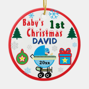 Décoration En Céramique Premier Noël de bébé garçon bleu blanc calèche NOM