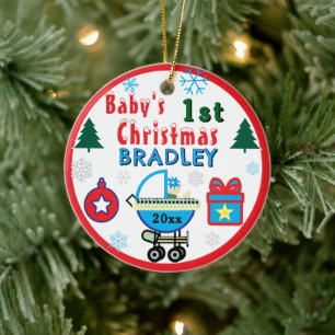 Décoration En Céramique Premier Noël de bébé garçon Chapeau Bleu NOM