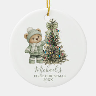 Décoration En Céramique Premier Noël de bébé ours en sauge vert poussiéreu