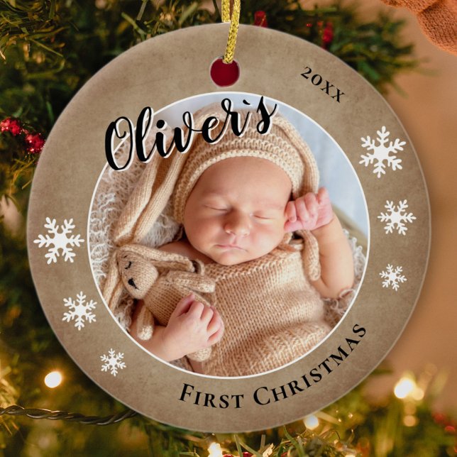 Décoration En Céramique Premier Noël de Bébé Photo avec Nom Rustique  (Créateur téléchargé)