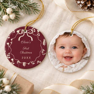 Décoration En Céramique Premier Noël de bébé photo fleurs sauvages bordeau