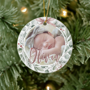 Décoration En Céramique Premier Noël de bébé Photo Rose Poussiéreuse & Ver