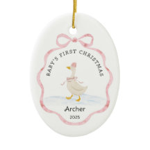 Premier Noël de bébé Ruban Aquarelle Rose Oie