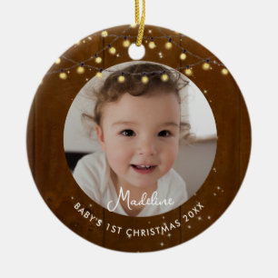 Décoration En Céramique Premier Noël de bébé Rustique Bois Lumières Photo