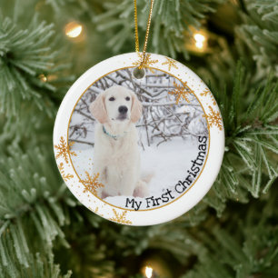 Décoration En Céramique Premier Noël de chien Flocons de neige en or blanc