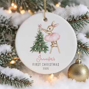 Décoration En Céramique Premier Noël de la fille lapin rose mignonne