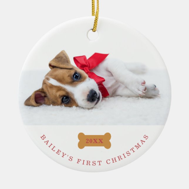 Décoration En Céramique Premier Noël de votre chien | Blanc avec deux phot (Devant)