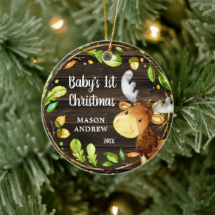 Décoration En Céramique Premier Noël du bébé d'orignal rustique en bois